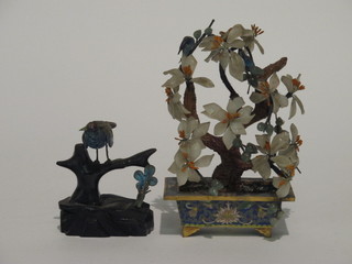 A jade tree contained in a rectangular cloisonne planter 5" and an Oriental enamelled figure of a bird