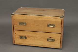 A rectangular pine military style chest of 2 long drawers with brass counter sunk handles 30"
