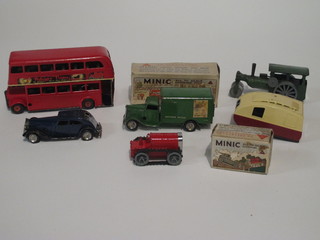 A Triang Minic Southern Railways van and tractor boxed,  a Pedigree Prams double decker bus, caravan, steam roller and Police car