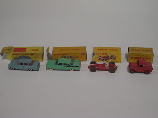 A Dinky Opal Kapitan, Mersey Tunnel Police Van, a  Maserati racing car and a Dodge Royal Sedan, all boxed