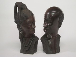 A pair of Eastern carved portrait busts of a lady and gentleman  15"