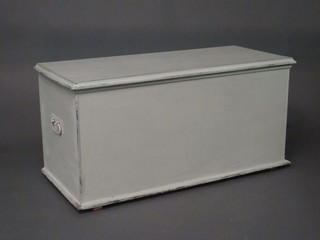 A blue painted blanket box with hinged lid and iron handles 46"