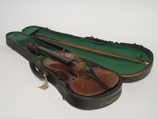 A violin with 2 piece back 14 1/2", cased