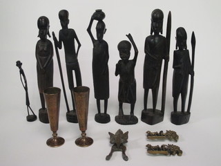 6 various Eastern carved figures, a pair of Benares brass vases, a 2 belt buckles decorated a stage coach and a door knocker in the  form of a foxes mask