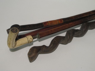 A sword stick and 3 various walking sticks