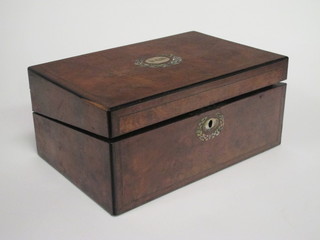 A Victorian inlaid walnut writing slope with hinged lid, inlaid mother of pearl, 14"