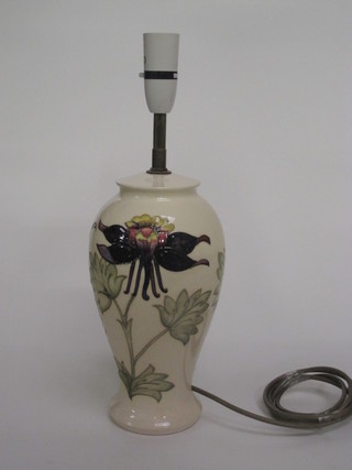 A 1980-1985 Moorcroft table lamp base with floral decoration, the base impressed Moorcroft Made in England 11"
