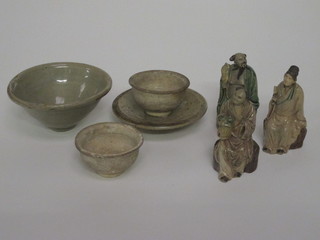 An Oriental brown glazed bowl 4", 2 small bowls 2", a dish and  3 Oriental figures of seated gentleman