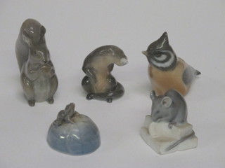 A Royal Copenhagen figure of a squirrel the base marked 982 2",  do. bird, f, 3", do. otter with fish marked 2333 2", do. frog on  a rock marked 509 1" and do. mouse with cheese marked 510 1"