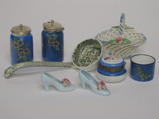 A 3 piece Royal Doulton condiment set comprising mustard,  pepper and salt, pair of miniature ladies shoes, a green and white  ladle, a porcelain jar and cover and a basketwork basket