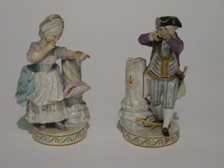 A pair of Meissen figures - gentleman with a gun and standing  lady by a pillar, the base with crossed sword mark and incised  J32 6", both f and r,
