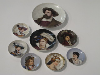 A circular Continental porcelain plate decorated a portrait of a  gentleman 8", 1 smaller of a lady 6" and 6 others 4"