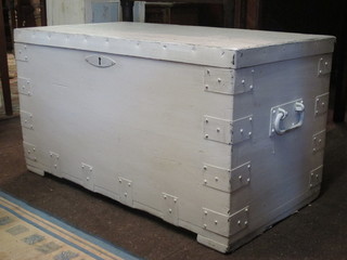 A white painted and metal bound trunk with iron drop handles  33"