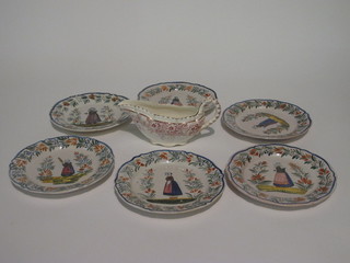 A red and white glazed pottery sauce boat and 6 Quimper ware  plates decorated figures 8"