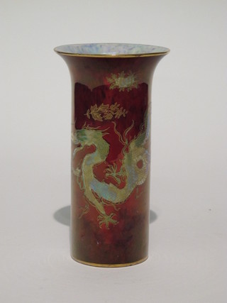 A Wilton ware cylindrical red glazed vase decorated a dragon 8  1/2"