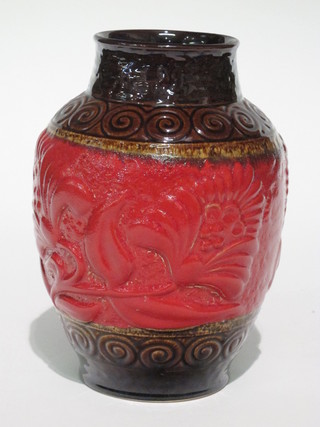A West German, Bay, red lava ovoid vase with brown rim