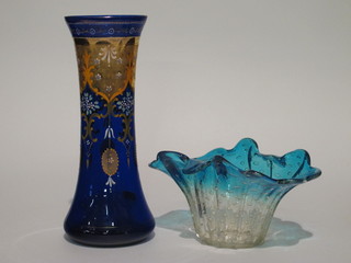 A Venetian style blue bubble glass boat shaped bowl 10" and an Edwardian waisted blue glass vase 13"
