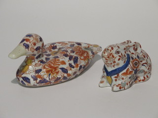 An Imari style figure of a seated duck 9" and do. hare 5"