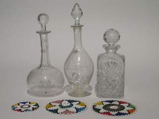 A square glass spirit decanter and stopper and 2 club shaped  decanters and stoppers