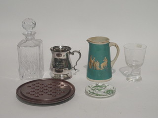 A cut glass spirit decanter and stopper, a collection of glasses, a solitaire board, a silver plated tankard, various decorative  ceramics