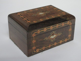 A Victorian inlaid walnut sewing box with hinged lid 10", containing some sewing implements,