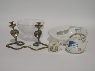 A cut glass pedestal bowl 10", a slipper bed pan, 2 blue and  white meat plates, a pair of brass cobra candlesticks and other  decorative ceramics