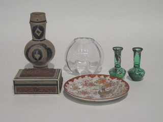 A Kutana plate decorated a bird 8 1/2", an Eastern carved trinket box with hinged 6", a collection of cut glasses and decorative  plates, ceramics etc