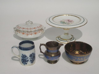 An 18th Century blue and white tankard with floral decoration, f and r, a small lustre ware jug and bowl, a porcelain comport and  a part Royal Doulton dinner service