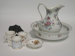 A floral patterned jug and bowl, a Doulton bowl - f, various  Coronation cups, a large Batik stamp