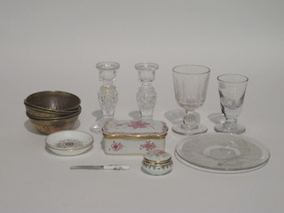 A pair of cut glass candlesticks 6", a rectangular porcelain jar  and cover 5", a glass rummer, an antique wine glass, 5 brass  bowls etc
