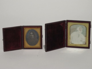 An early daguerreotype of a lady contained in a plush box, by  Humphreys & Halliwell 2 1/2" x 2", together with 1 other of a  gentleman by Claudets 2 1/2" x 2"