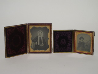 2 early black and white photographs of seated ladies contained in leather frames 3" x 2" and 3 1/2" x 2 1/2"