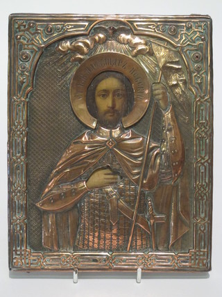 A 19th Century Icon of St Alexander Nevsky 9" x 7" contained  in an embossed copper frame  ILLUSTRATED