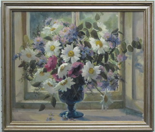J Rockingham, oil on board "Blue Glass with Daisies" 14" x 17"