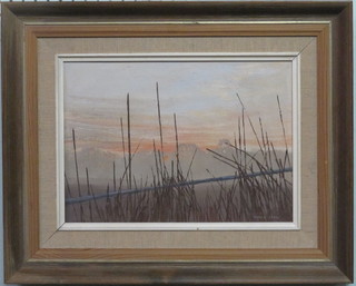 Pamela Derry, impressionist oil on canvas "Sunset Scene with  Reeds" 9" x 13"