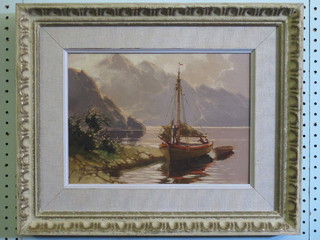 Jan B Pospisil, Continental oil on canvas "Fishing Boat by a  Mountain Lake" 9" x 12"