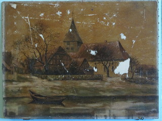 G Dupow, oil on board "Country Church with River" 13" x 17"