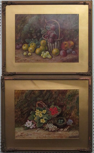 G Robinson, still life studies a pair - "Primroses and a Basket of  Plums and Apples" 12" x 15"
