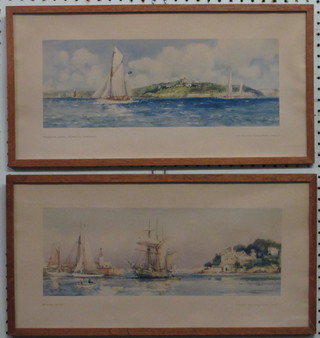 Frank H Mason, 2 coloured prints, "Pendennis Castle Falmouth  and Brixham Devon" 6" x 15 1/2", marked to the back GWR 1st  cl. compartment pictures,