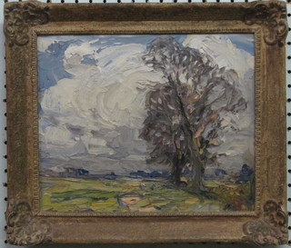 Dunlop, oil painting on board "Downland Scene with Tree" the  reverse with Deightons Gallery Label, 9 1/2" x 11"   ILLUSTRATED