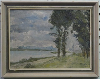 E M Walklate, impressionist oil on board "French Scene with River" 5 1/2" x 7 1/2"