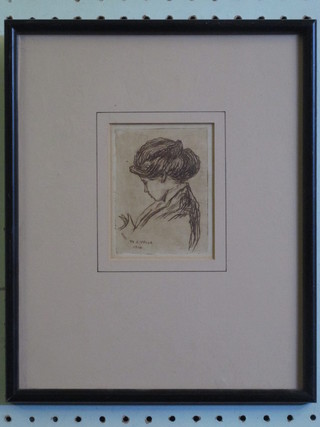W J Wood, an etching, head and shoulders portrait of a lady 4" x 3"