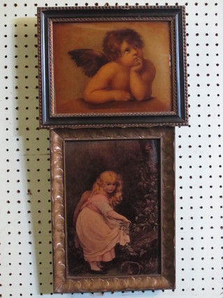 An 18th/19th Century coloured print on glass "Cherub" 7" x 8  1/2" and 1 other "Girl" 10" x 7"