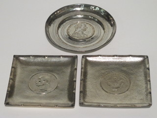 A circular white metal dish set a coin 3" and 2 Oriental square  white metal dishes set coins 3"