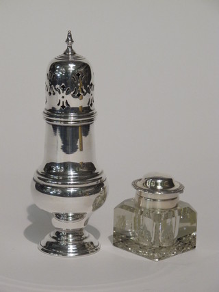 A square cut glass inkwell with silver plated lid 2" and a silver  plated pepperette
