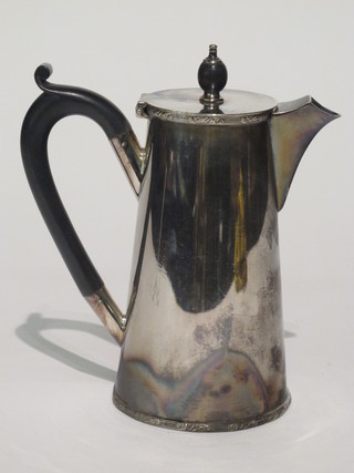 A cylindrical tapering silver plated hotwater jug retailed by  Harrods