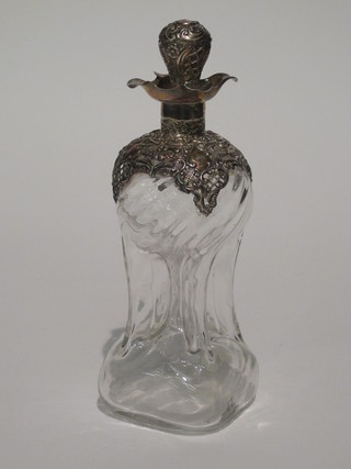 A Victorian square pinched glass decanter, f, with silver mount Birmingham 1899, 9"