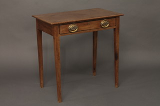 A Georgian mahogany rectangular side table fitted 1 long drawer with brass handles, raised on square tapering supports 29"