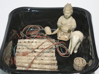 A carved ivory figure of a seated Geisha girl 2", a carved ivory  figure of an elephant and 9 cylindrical carved ivory items