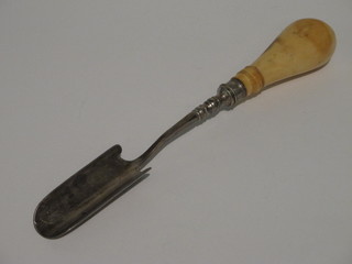 A silver plated marrow scoop with turned ivory handle